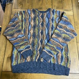 90’s Vintage Norm Thompson Blue and Brown Patterned Crewneck Sweater